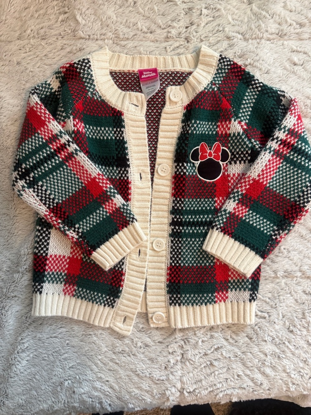 Disney Cream Cardigan Sweater with Red & Green Plaid